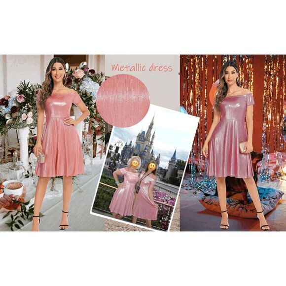 ✨ NWT Metallic Off Shoulder Short Sleeve Cocktail Party Club Pink Dress NWT - Picture 10 of 16